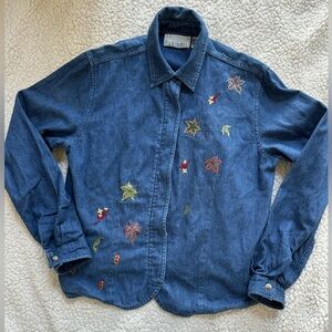 Vintage Casey & Max Colorful Embroidered Leaves Boho Denim Festival Shacket  S